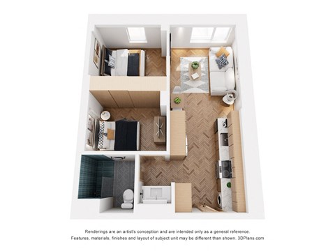 Floor plan for 2 beds, 1 bath, 626 sqft